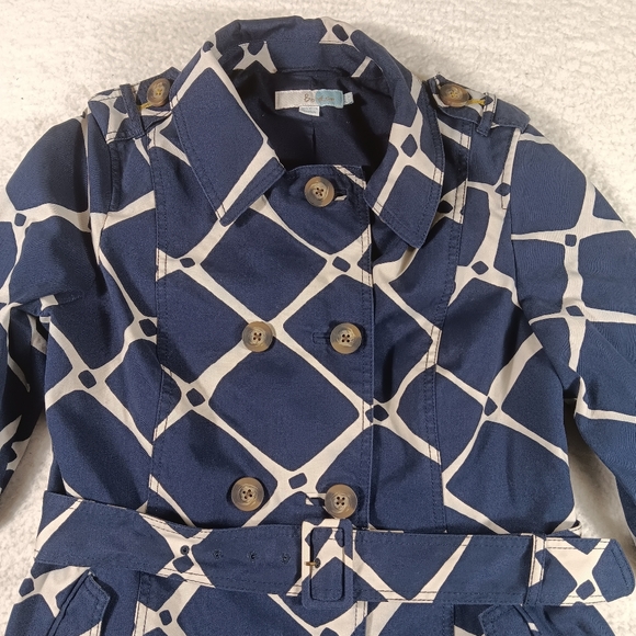 Boden Trench Coat Womens 8 Blue Cream Double Breasted  Belted Geometric - Picture 4 of 11